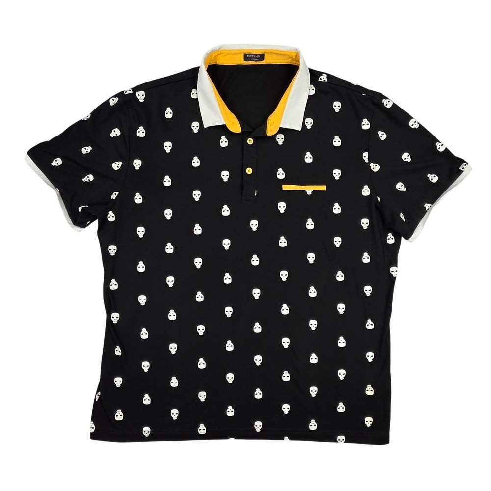 Coofandy Mens XL Polo Shirt Black White Skull Print Yellow Trim Short Sleeve